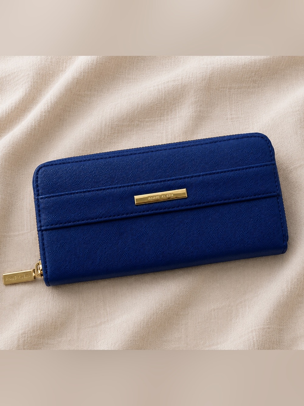 Anne Klein Blue Zip Around Wallet Gold Hardware Polka Dot Interior EUC - Picture 2 of 6
